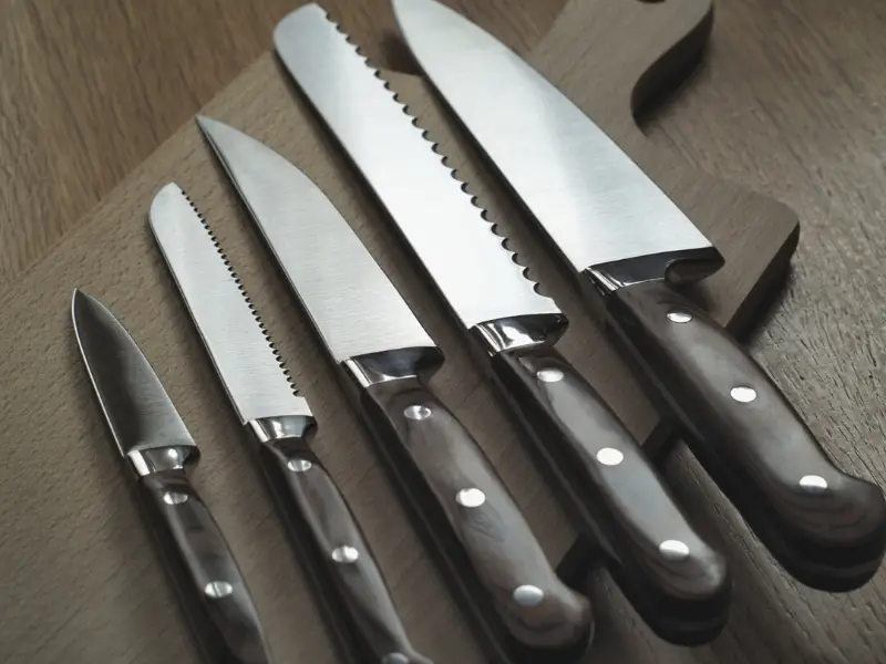 Tipos de facas de cozinha - Cinco facas de cozinha dispostas em uma tábua