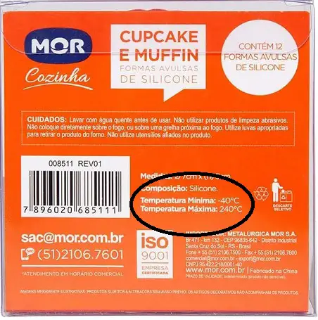 Embalagem da forma de silicone com temperatura mínima e máxima