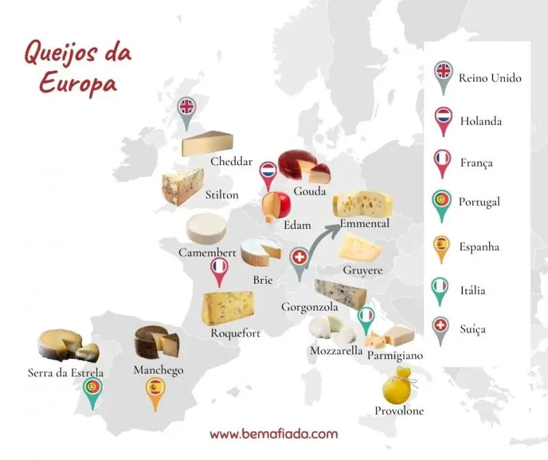 Mapa da Europa ocidental com queijos mais famosos. Tipos de queijo por país.