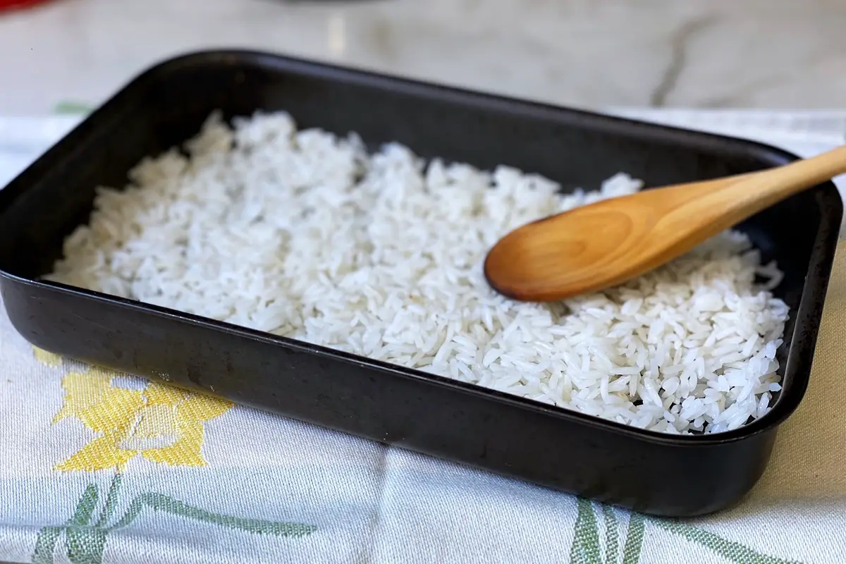 Como congelar arroz - espalhe o arroz cozido em uma assadeira e deixe esfriar completamente