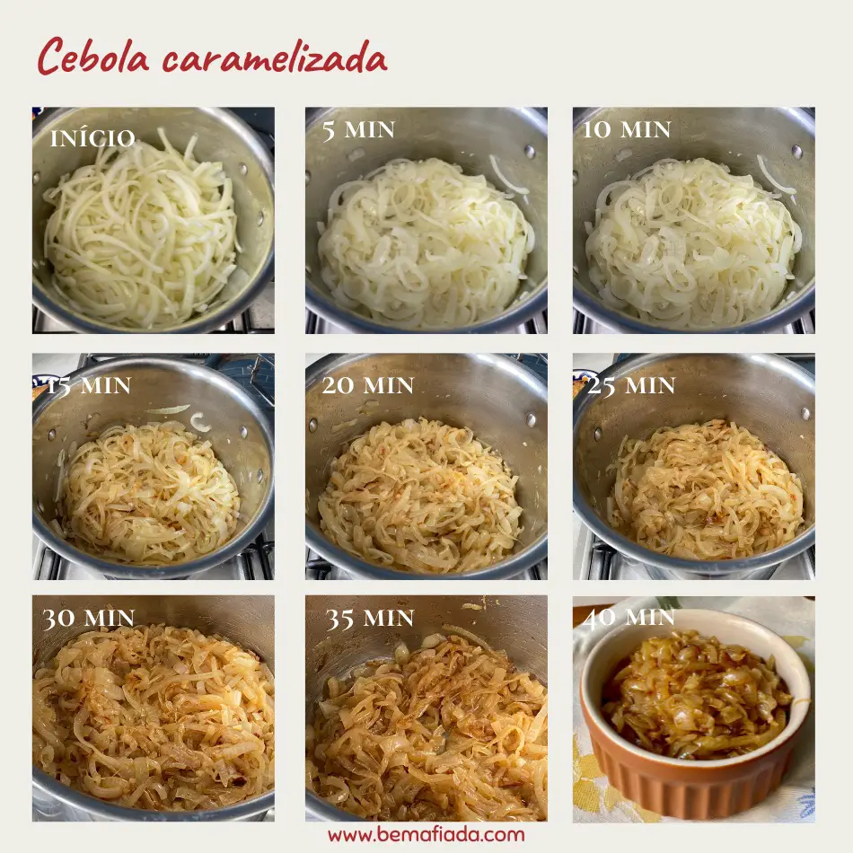 Cebola caramelizada do inicio aos 40 minutos de fogo
