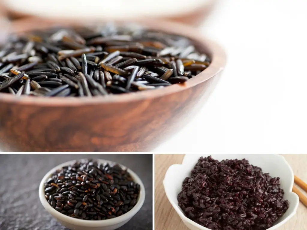 Arroz selvagem - arroz negro cru e cozido