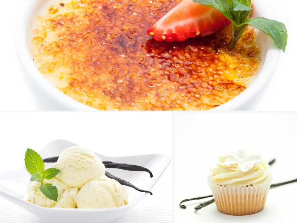 Creme Brulee, sorvete de baunilha e cupcake de baunilha